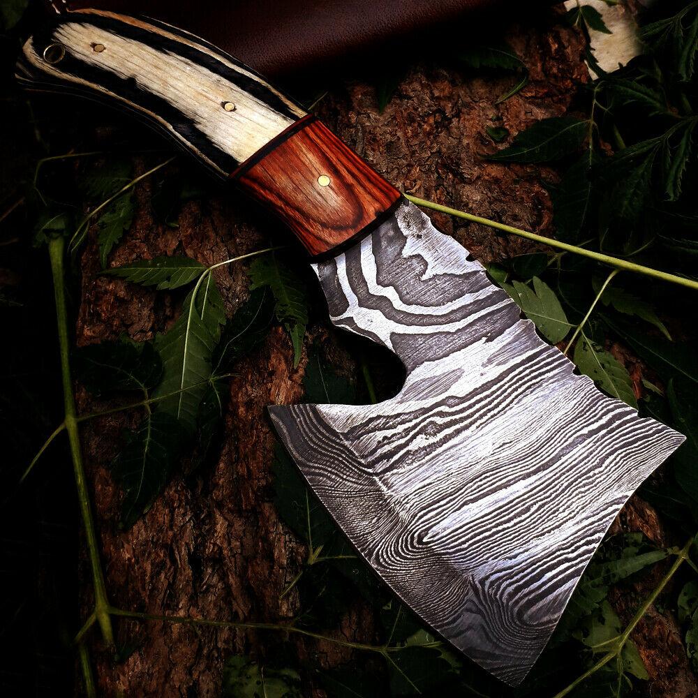 Custom Handmade Damascus Steel Throwing Axe – 8 Inch Viking Style Small Damascus Axe with Leather Sheath