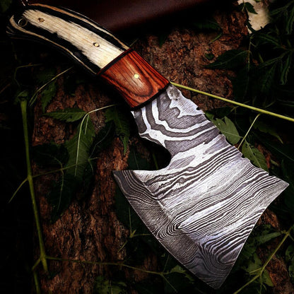 Custom Handmade Damascus Steel Throwing Axe – 8 Inch Viking Style Small Damascus Axe with Leather Sheath