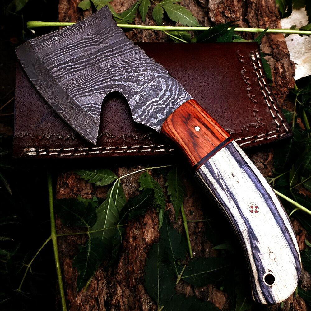 Custom Handmade Damascus Steel Throwing Axe – 8 Inch Viking Style Small Damascus Axe with Leather Sheath