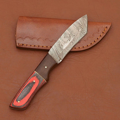 Damascus Steel Skinner Knife Wood Handle for Camping and Hunting with Sheath