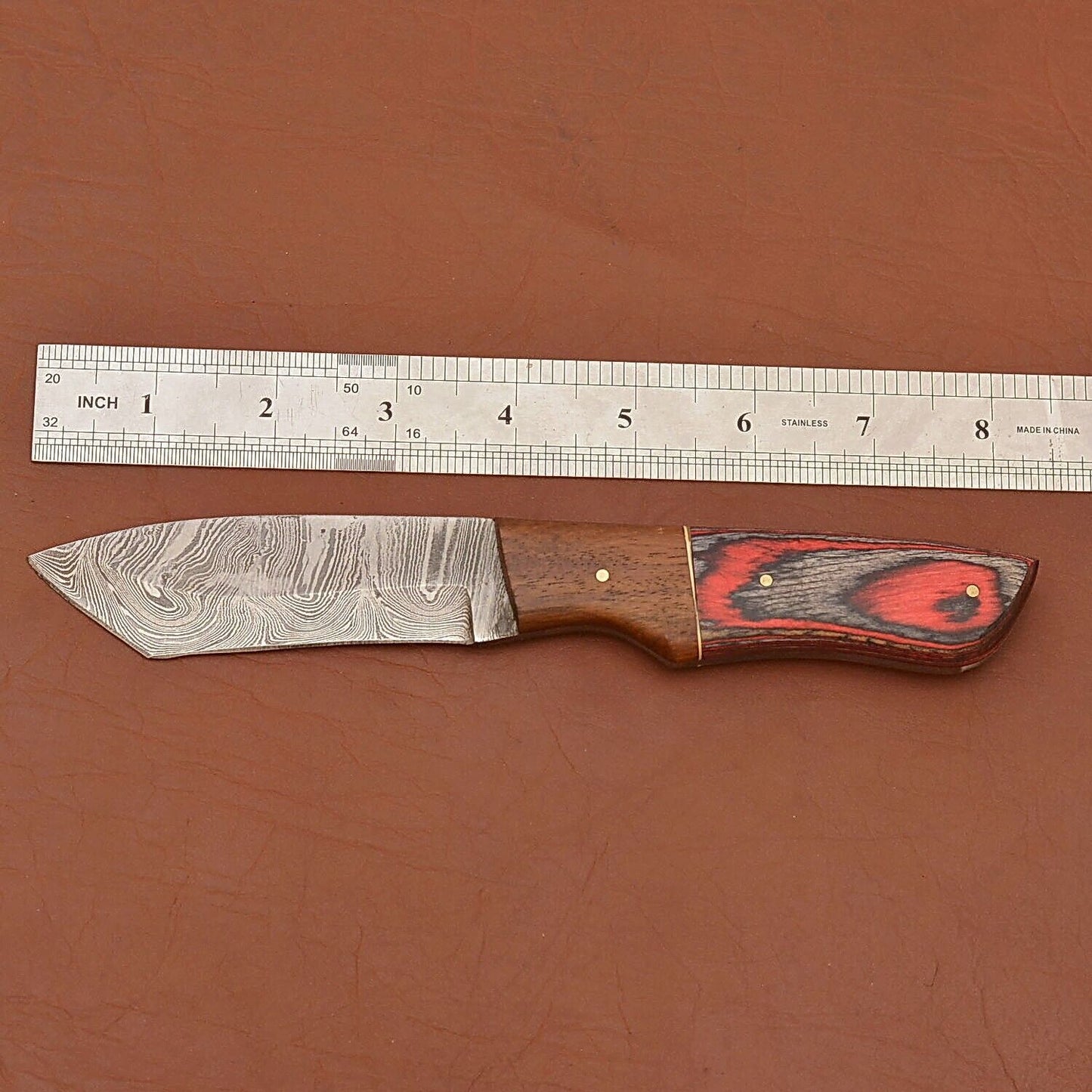 Damascus Steel Skinner Knife Wood Handle for Camping and Hunting with Sheath