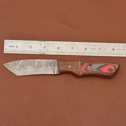 Damascus Steel Skinner Knife Wood Handle for Camping and Hunting with Sheath