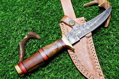 10" Handmade Damascus Steel Bowie Knife | Natural Wood Handle