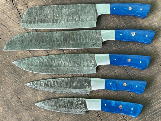EVEREST 5 PCS Handmade Damascus Steel Chef Knife Set | Cutco Japanese Style Kitchen Knives