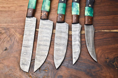 Custom Lot of 5 Handmade Hammered Damascus Steel Chef Knives – 384 Layer Blade Set