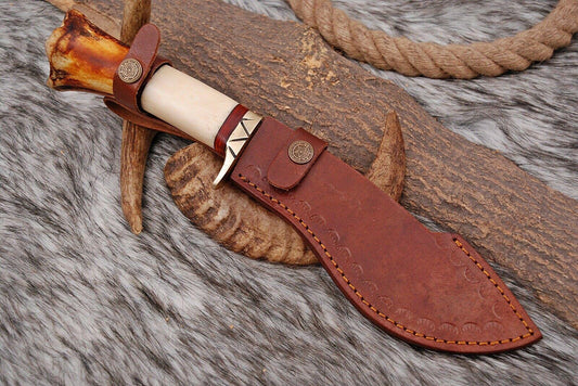 12" Handmade Damascus Kukri Bowie Knife with Bone Handle & Leather Sheath