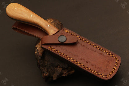 Hand Forged Damascus Steel Bull Cutter Knife 9" Custom Cowboy Bull Knife with wood Handle