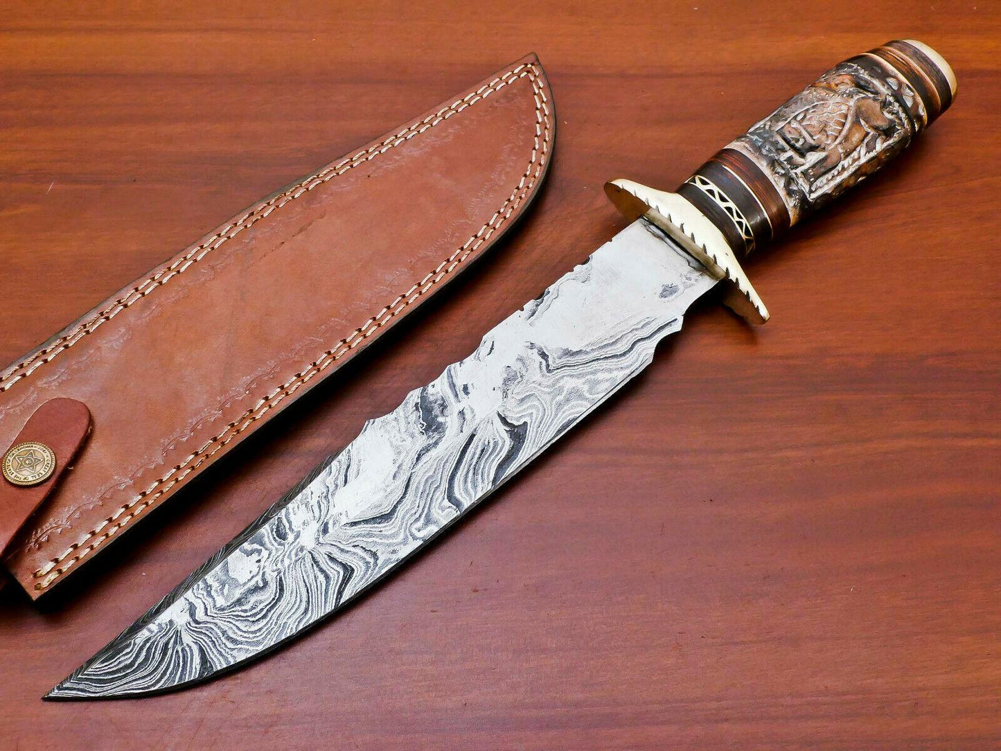 14" Damascus Bowie Knife – Engraved Bone & Pakka Wood Handle | Brass Guard