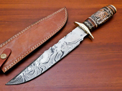 14" Damascus Bowie Knife – Engraved Bone & Pakka Wood Handle | Brass Guard