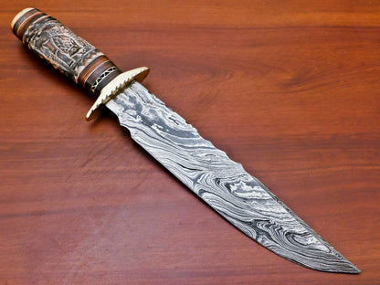 14" Damascus Bowie Knife – Engraved Bone & Pakka Wood Handle | Brass Guard