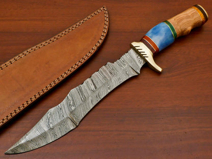 Handmade Damascus Bowie Hunting Knife – Stained Bone & Pakka/Olive Wood Handle, 14"