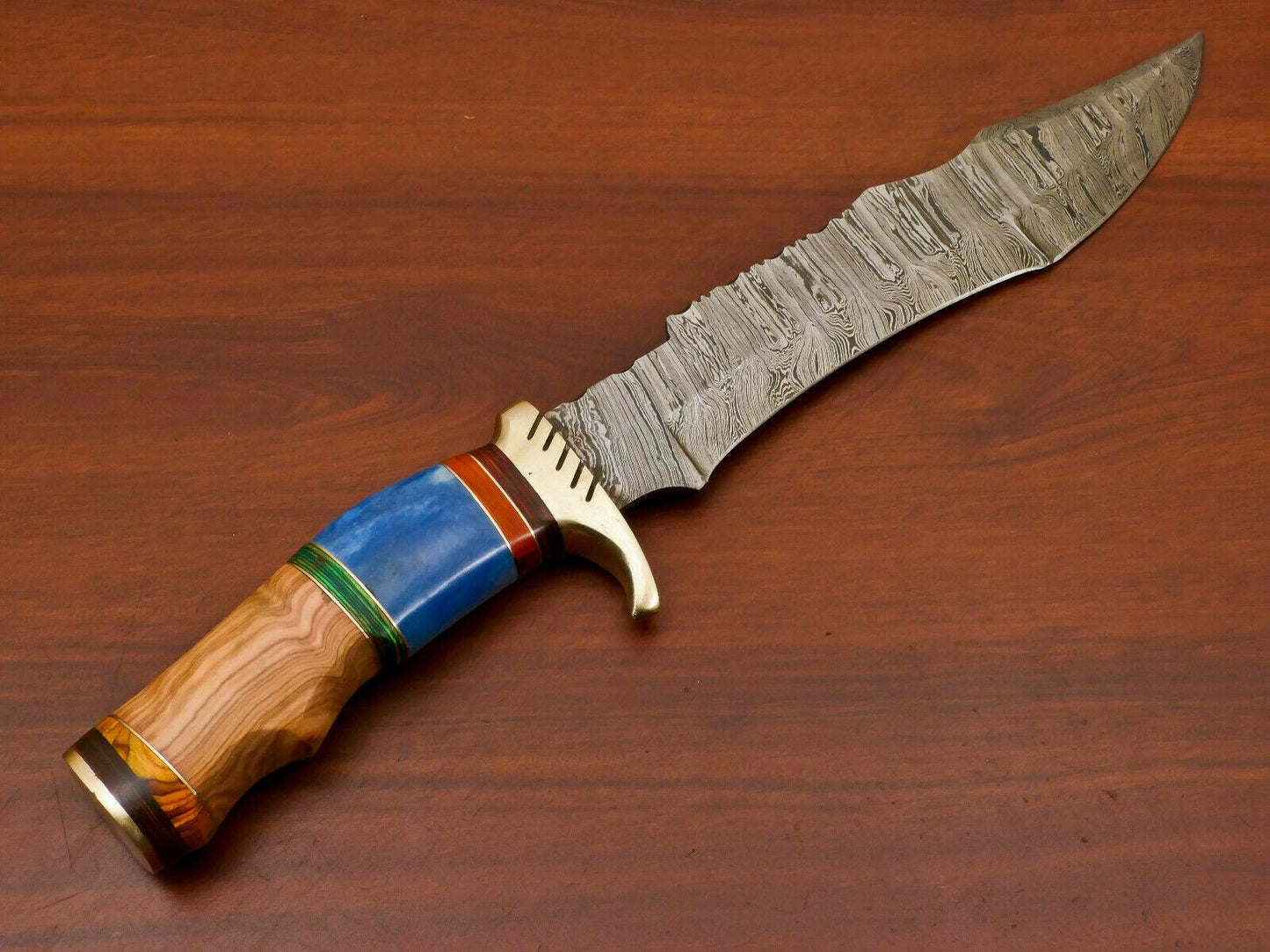 Handmade Damascus Bowie Hunting Knife – Stained Bone & Pakka/Olive Wood Handle, 14"