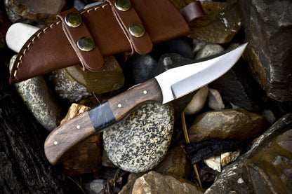 8" AUS-8 Steel Skinner Knife – Mixed Material Handle, Leather Sheath, Fishing Collectible