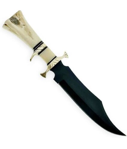 Handmade Damascus Steel Bowie Knife with Camel Bone Handle for Hunting and Camping