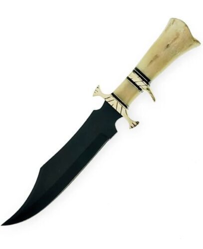 Handmade Damascus Steel Bowie Knife with Camel Bone Handle for Hunting and Camping