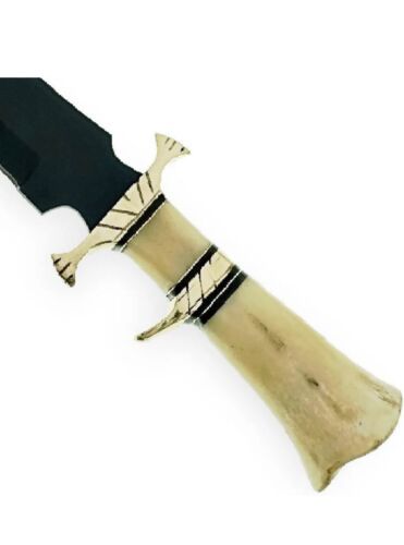 Handmade Damascus Steel Bowie Knife with Camel Bone Handle for Hunting and Camping