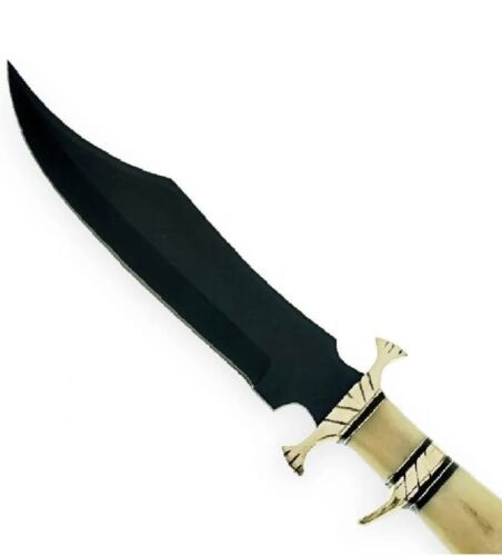 Handmade Damascus Steel Bowie Knife with Camel Bone Handle for Hunting and Camping