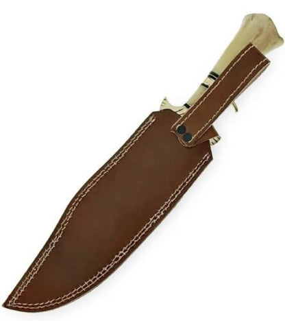 Handmade Damascus Steel Bowie Knife with Camel Bone Handle for Hunting and Camping