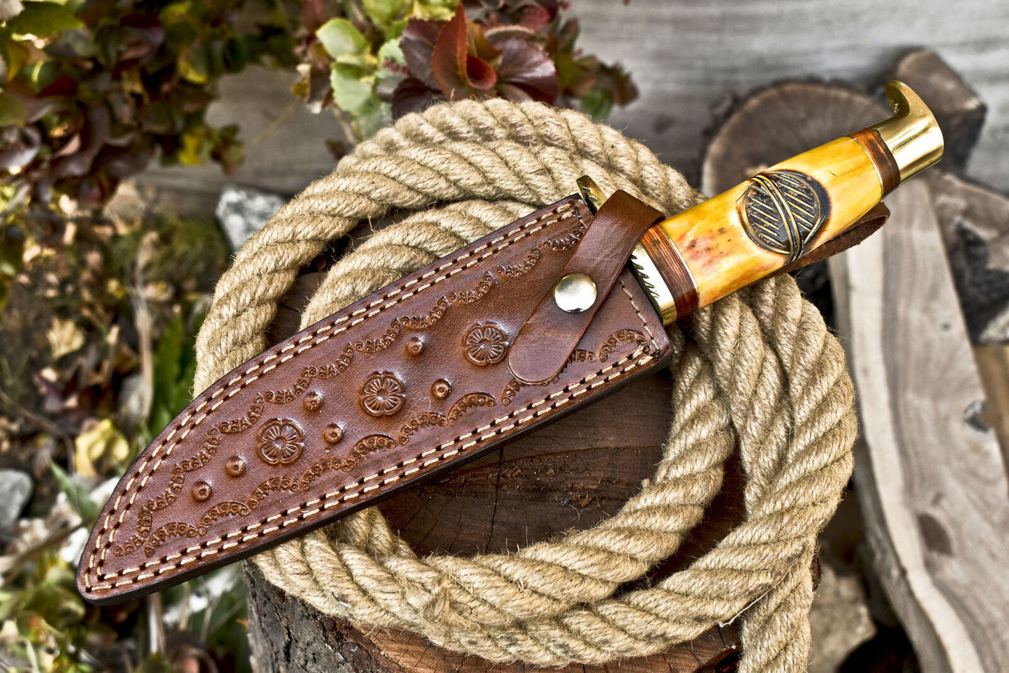 12 Inch Handmade Damascus Steel Bowie Knife with Camel Bone Handle and Brass Guard