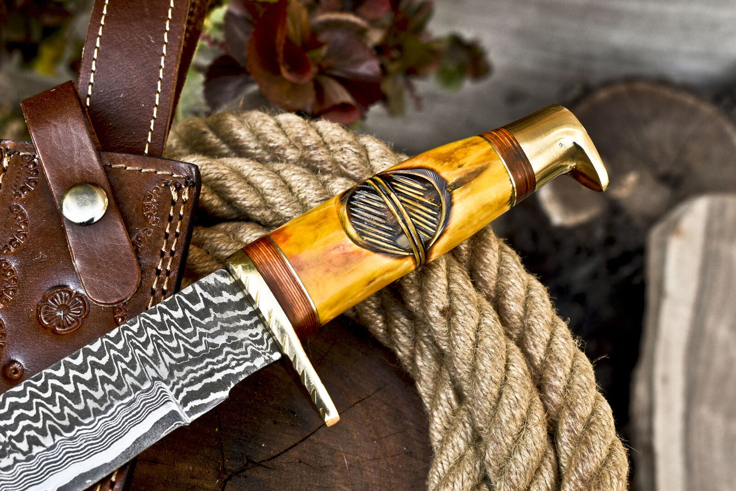 12 Inch Handmade Damascus Steel Bowie Knife with Camel Bone Handle and Brass Guard