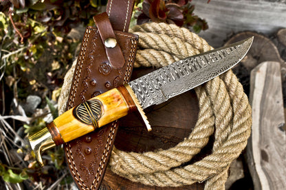 12 Inch Handmade Damascus Steel Bowie Knife with Camel Bone Handle and Brass Guard