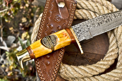 12 Inch Handmade Damascus Steel Bowie Knife with Camel Bone Handle and Brass Guard