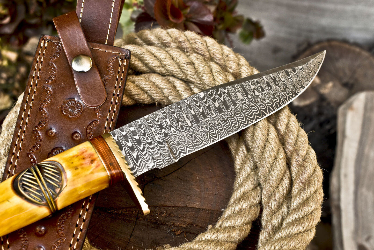 12 Inch Handmade Damascus Steel Bowie Knife with Camel Bone Handle and Brass Guard