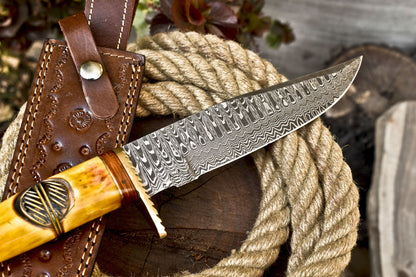 12 Inch Handmade Damascus Steel Bowie Knife with Camel Bone Handle and Brass Guard