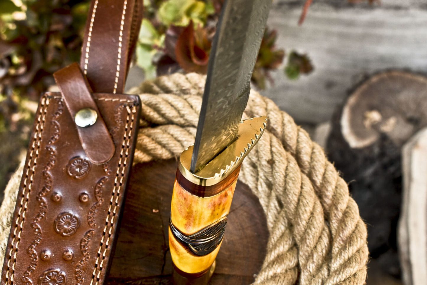 12 Inch Handmade Damascus Steel Bowie Knife with Camel Bone Handle and Brass Guard