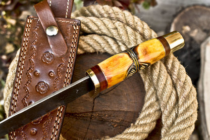 12 Inch Handmade Damascus Steel Bowie Knife with Camel Bone Handle and Brass Guard