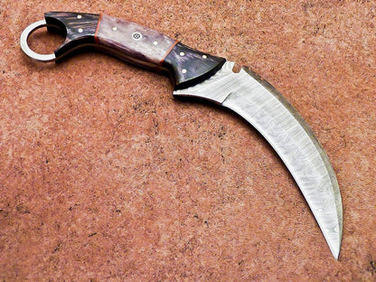 10" Damascus Karambit Knife Full Tang Damascus Steel Knife with Wood and Bone Handle
