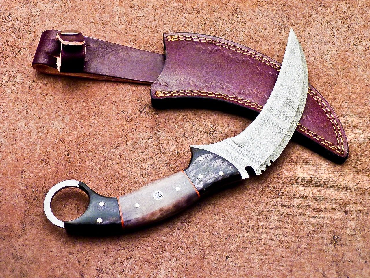 10" Damascus Karambit Knife Full Tang Damascus Steel Knife with Wood and Bone Handle