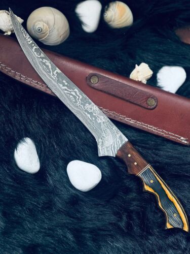 Heritage Forge 13" Twist Damascus Steel Fillet Knife Camel Bone and Wood Handle
