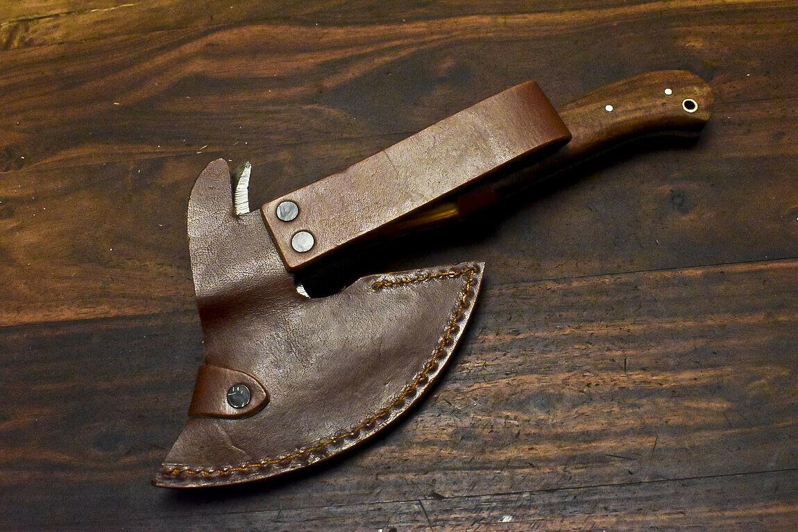 Handmade Damascus Walnut Wood Hunting Clever Chopper Axe Knife with Leather Sheath