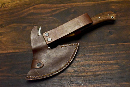 Handmade Damascus Walnut Wood Hunting Clever Chopper Axe Knife with Leather Sheath