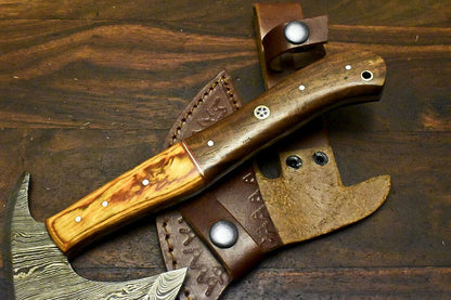 Handmade Damascus Walnut Wood Hunting Clever Chopper Axe Knife with Leather Sheath