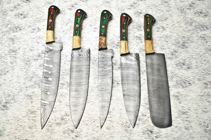 Lot of 5 Handmade Hammered Damascus Steel Chef Knives Set | Custom Kitchen Knife Collection