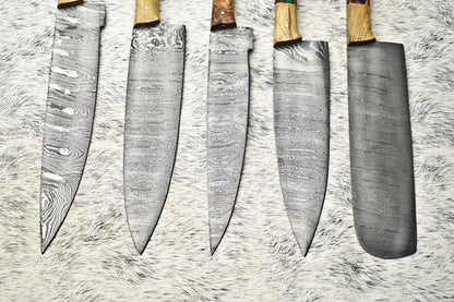 Lot of 5 Handmade Hammered Damascus Steel Chef Knives Set | Custom Kitchen Knife Collection