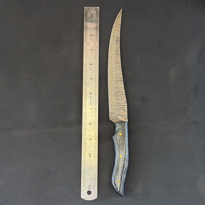 12" Hand Forged Damascus Steel Fillet Knife Kitchen & Fishing Knife With Leather Sheath