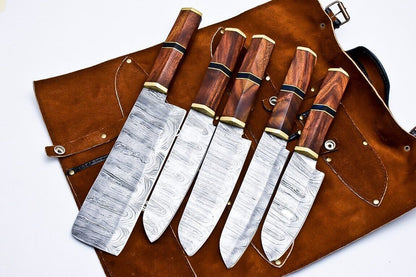 Entire World Handmade Damascus Chef Knife Set – Lot of 5 Kitchen Knives with Wood Handles & Leather Sheath