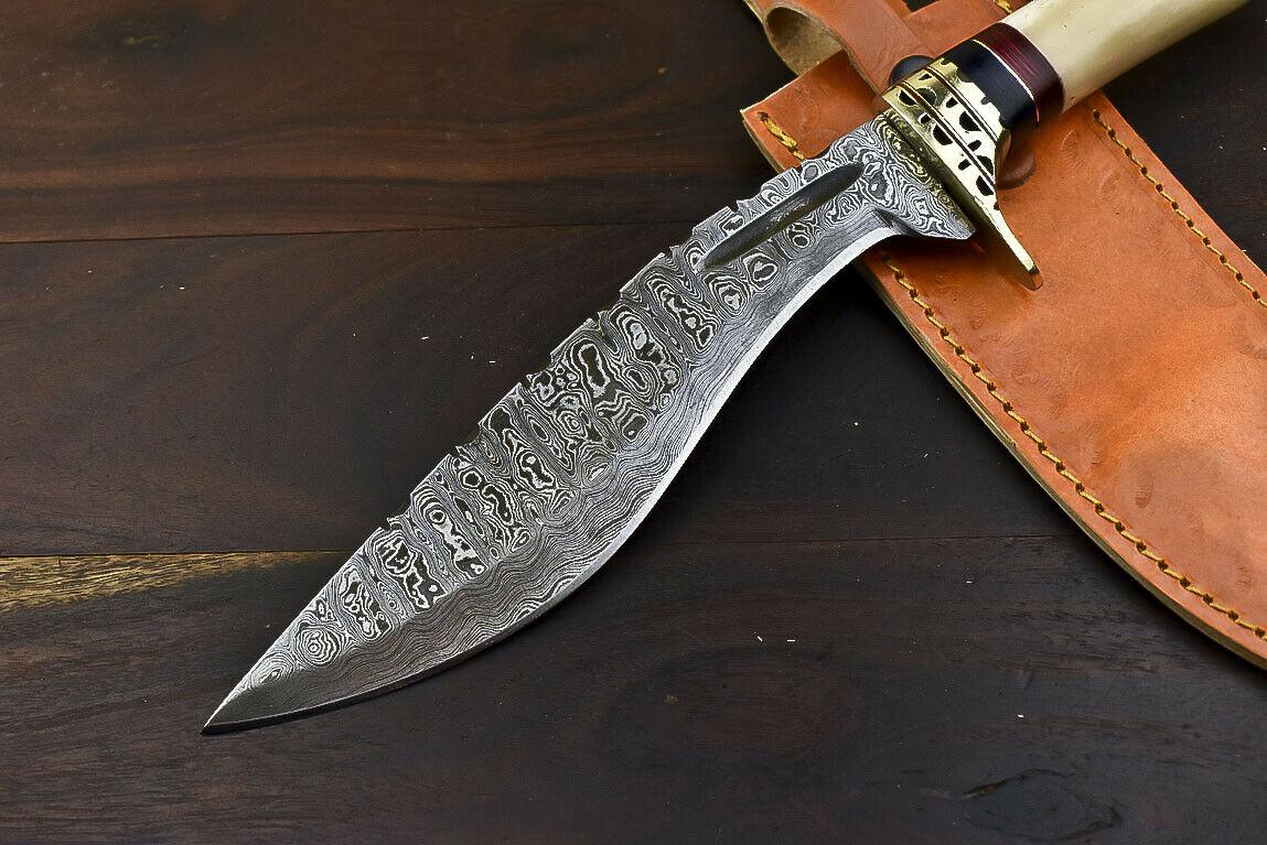 12.6" Damascus Steel Bowie Knife with Camel Bone Handle – Handmade Gift Edition