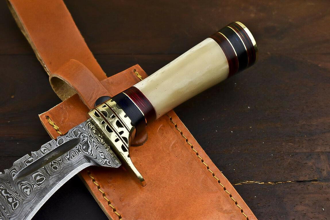 12.6" Damascus Steel Bowie Knife with Camel Bone Handle – Handmade Gift Edition