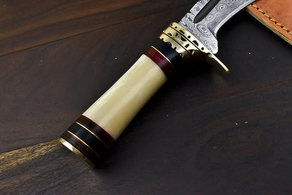 12.6" Damascus Steel Bowie Knife with Camel Bone Handle – Handmade Gift Edition