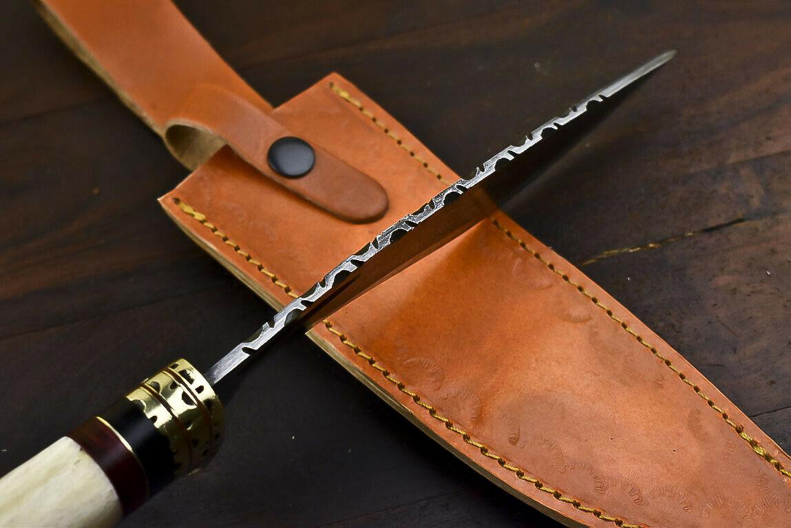12.6" Damascus Steel Bowie Knife with Camel Bone Handle – Handmade Gift Edition