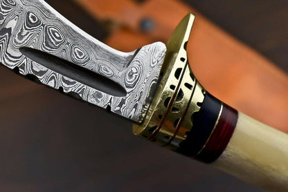 12.6" Damascus Steel Bowie Knife with Camel Bone Handle – Handmade Gift Edition