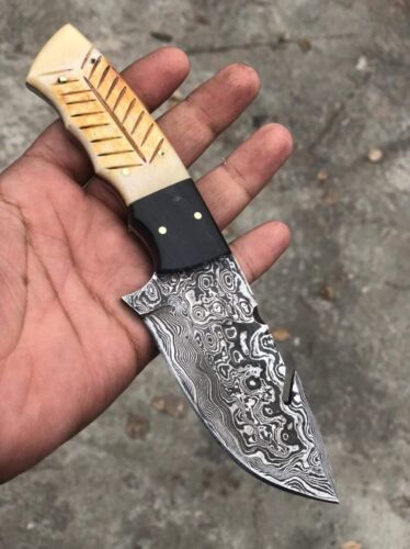8" Custom Damascus Hunting Knife with Bone & Sheet Handle – Full Tang Handmade Bowie