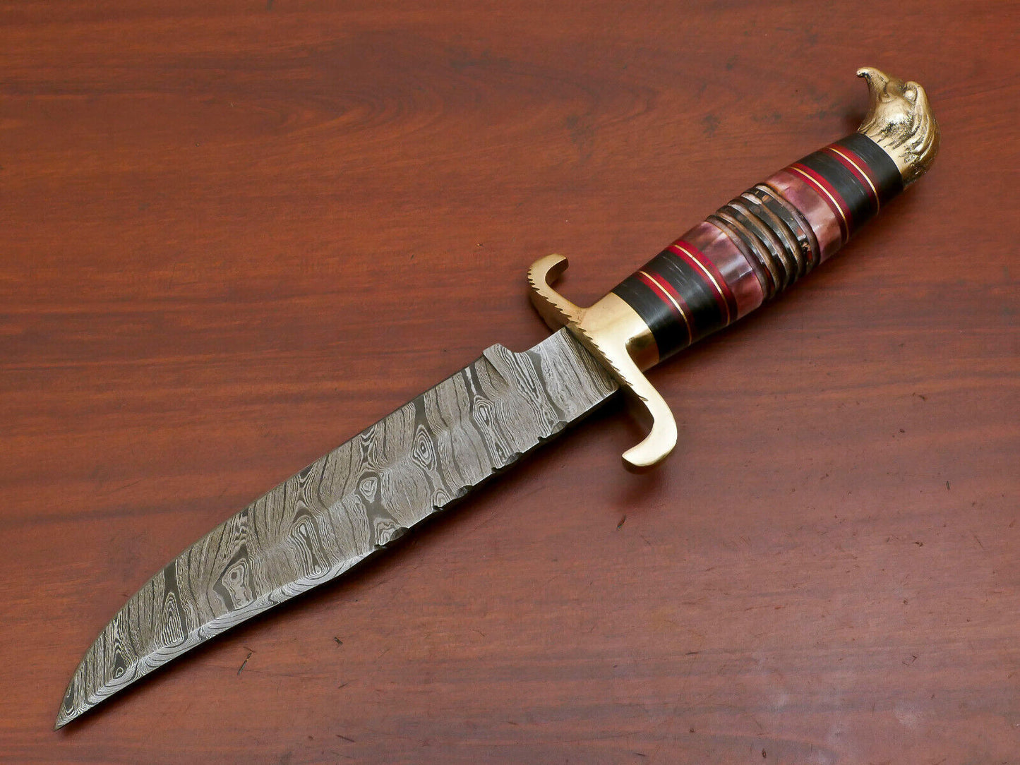 Heritage Forge 12.5 Inch Damascus Steel Bowie Knife with Burnt Camel Bone and Pakka Wood Handle