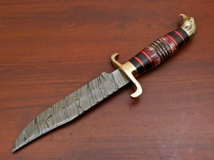 Heritage Forge 12.5 Inch Damascus Steel Bowie Knife with Burnt Camel Bone and Pakka Wood Handle