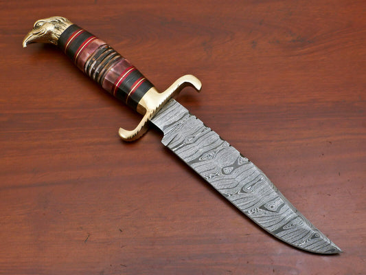 Heritage Forge 12.5 Inch Damascus Steel Bowie Knife with Burnt Camel Bone and Pakka Wood Handle