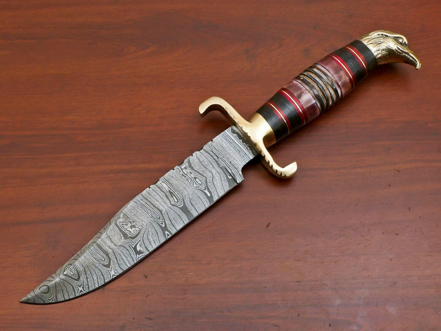 Heritage Forge 12.5 Inch Damascus Steel Bowie Knife with Burnt Camel Bone and Pakka Wood Handle